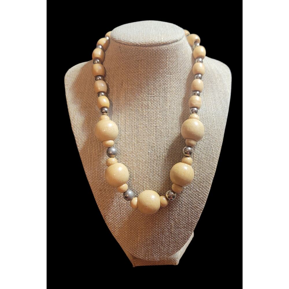 Faux Wooden Beaded Necklace with Gold Tone Beads